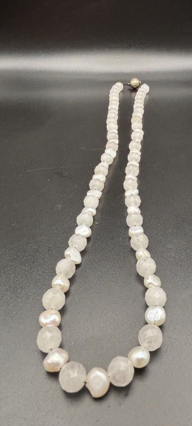 Rose Quartz & Genuine Pearl Faceted Gemstone Strand Necklace