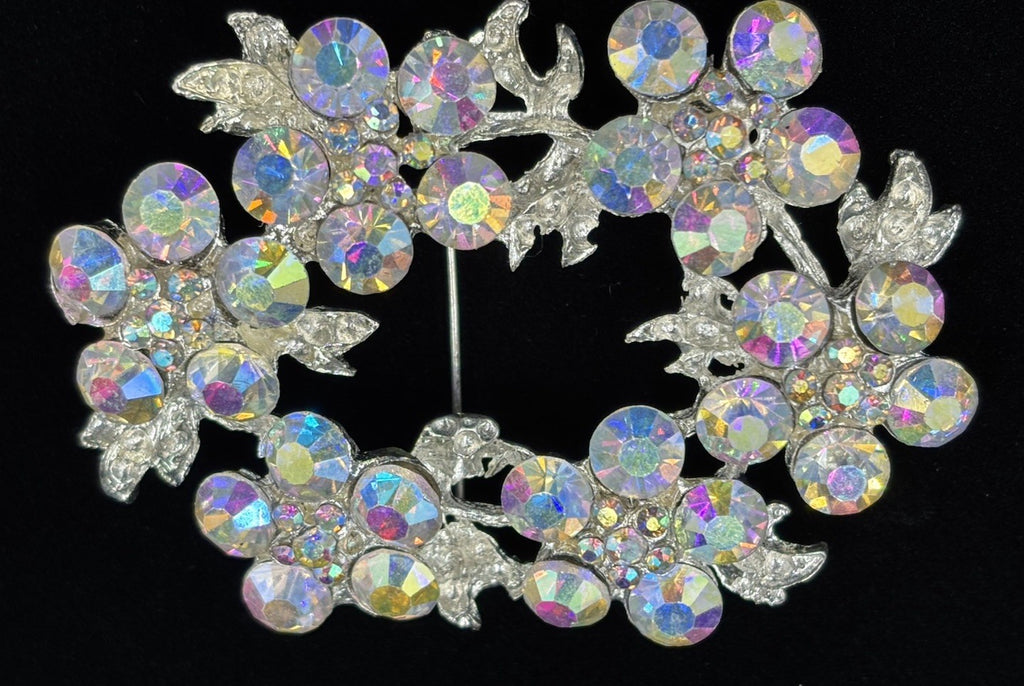 Vintage AB Rhinestone Wreath Brooch Silver Tone 1950s Mid Century Jewelry