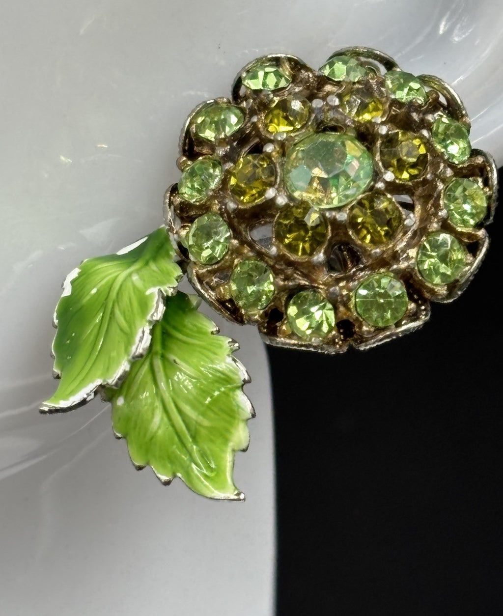 Vintage Green Rhinestone Flower Clip On Earrings Enamel Leaves Mid Century