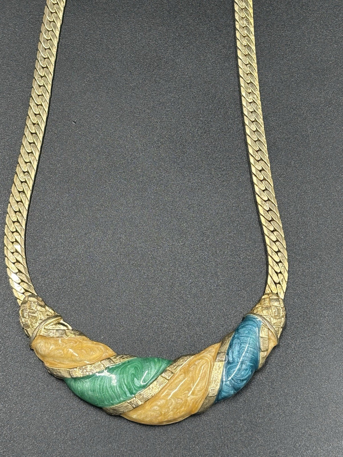 Vintage 1980s Statement Necklace Gold Tone Green Blue Amber Chunky Retro