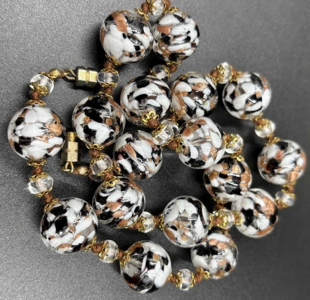 Vintage Murano Glass Venetian White Black Rose Gold Leaf Marble Accents Necklace