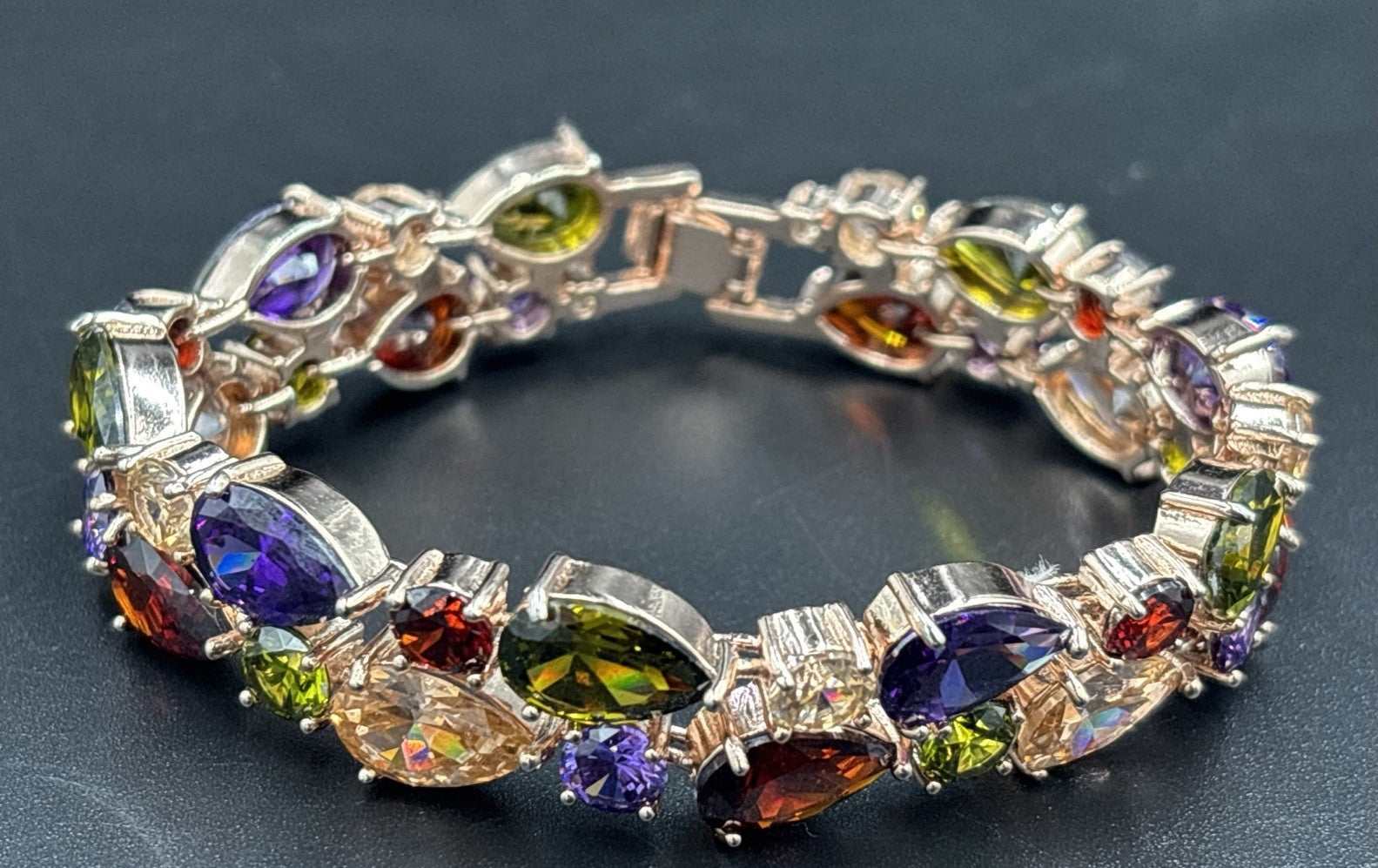 Vintage 1980s Rose Gold Tone Fruit Salad Multicolor Tennis Bracelet