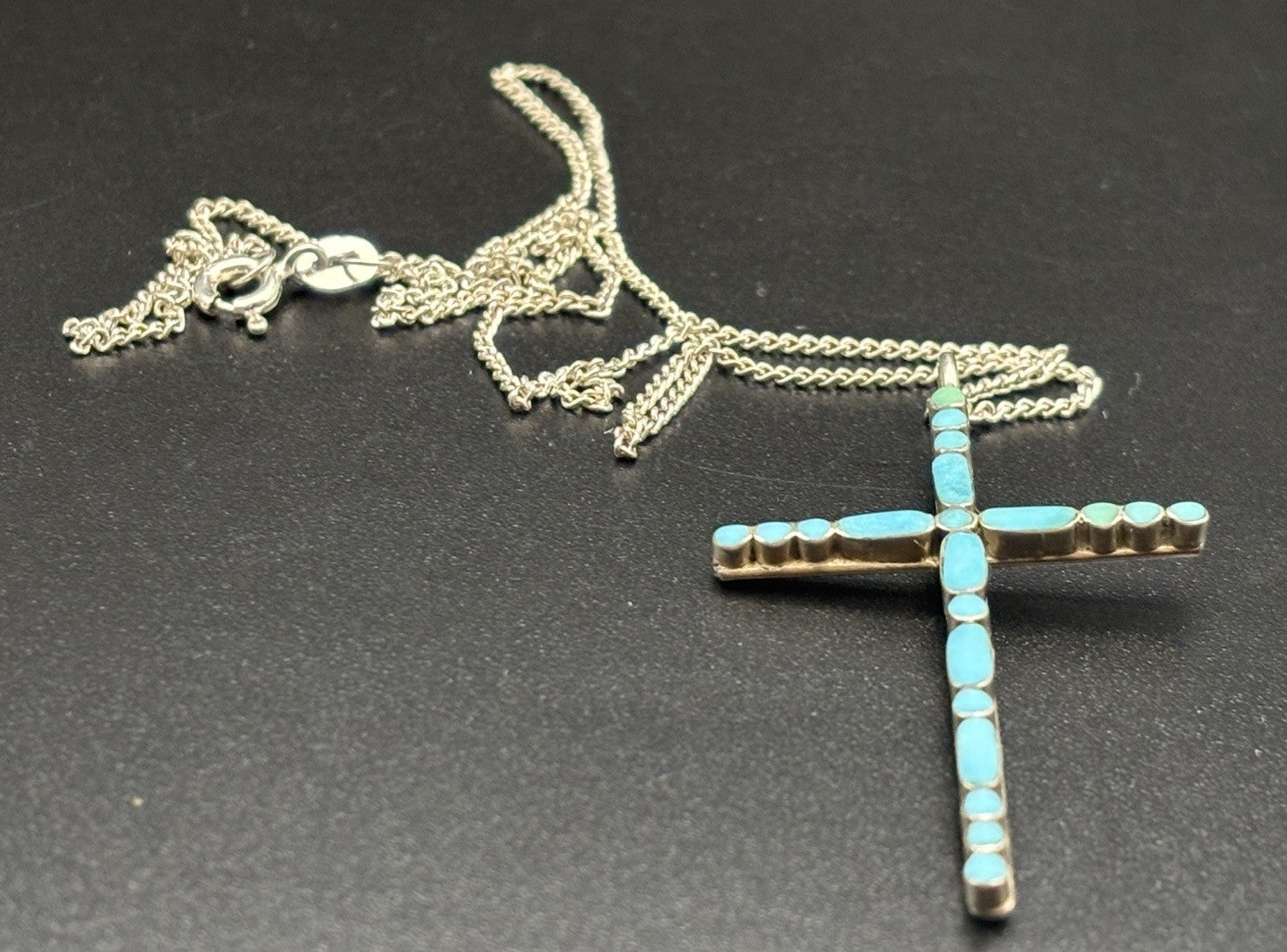 Vintage Sterling Silver Turquoise Inlay Cross Necklace 925 Chain