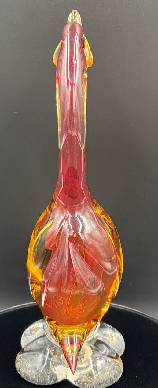 Vintage Murano Art Glass Duck Figurine Statue Red Amber & Clear 26cm In Height.