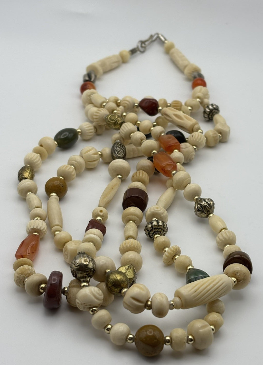 Vintage Boho Multi-Strand Necklace Faux Bone-Effect Beads Glass Carnelian Style