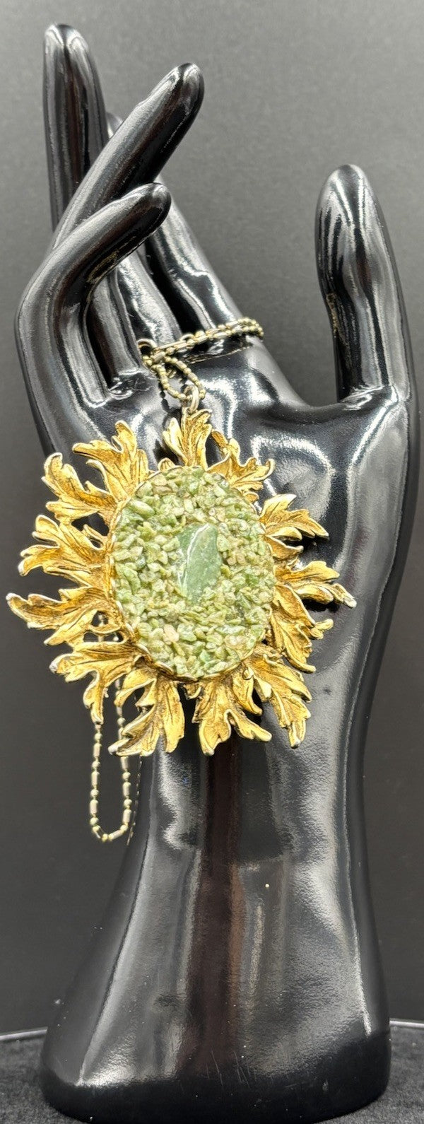 Vintage Sunburst Pendant Necklace Crushed Green Stone 18K Gold Filled Chain