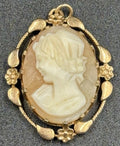 Vintage Italian Hand Carved Shell Cameo Pendant Gold Tone Signed