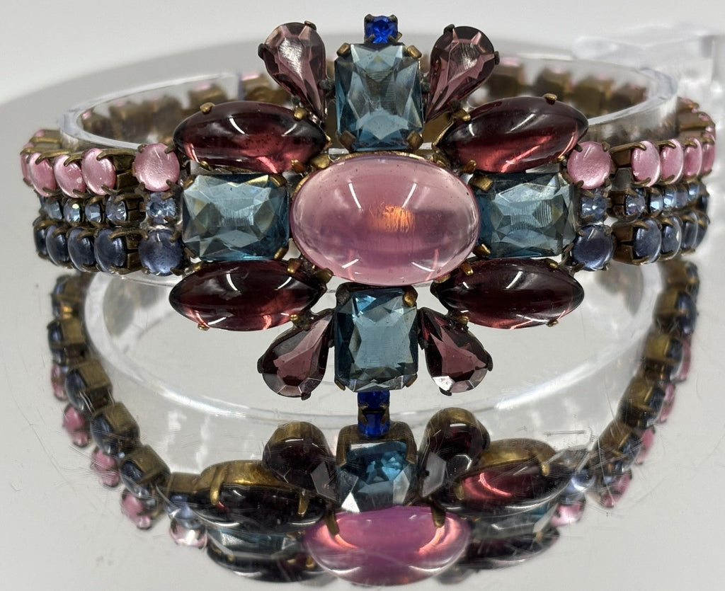 Husár D Pink Cabochon Aqua Garnet Rhinestone Bracelet Signed Czech Glass Rare