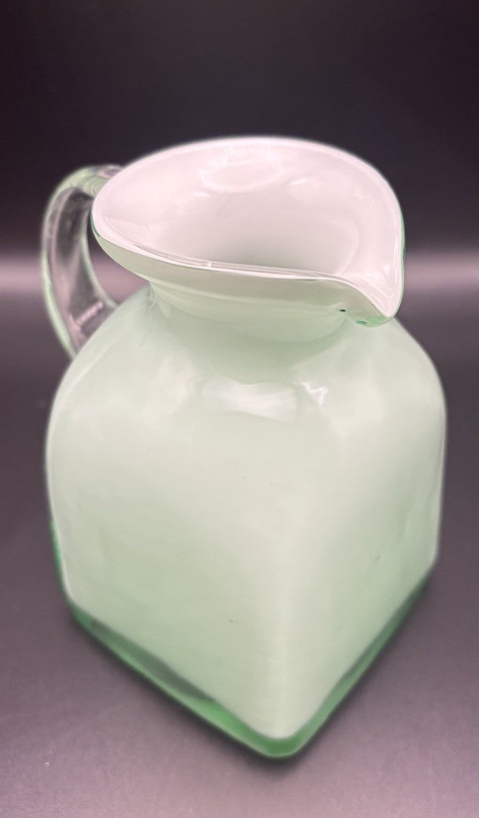 Vintage Mint Green Cased Art Glass Jug Opaline Square Form Milk Glass Pitcher
