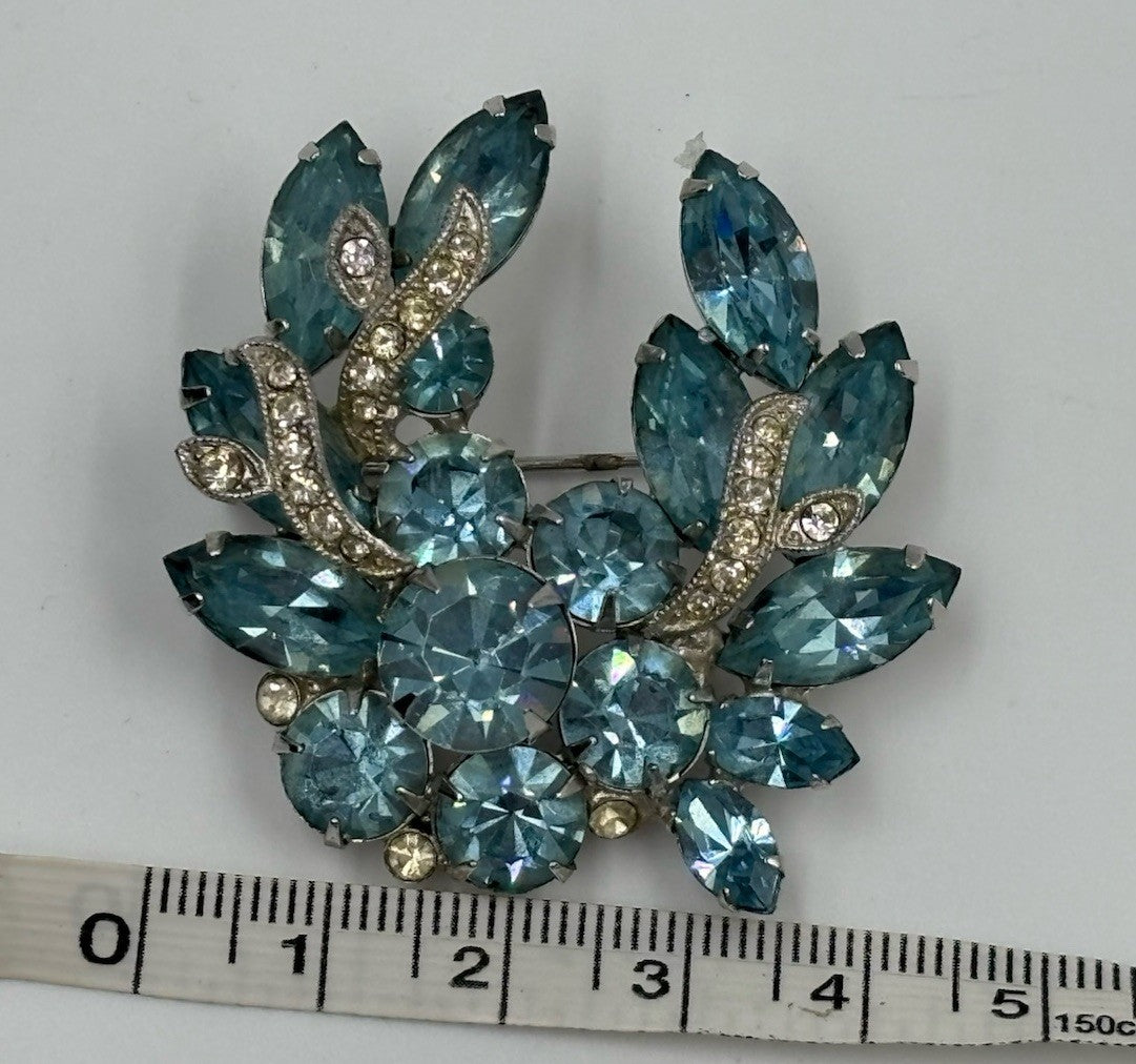 Vintage Signed Eisenberg Ice Rhodium Plated Blue Rhinestone Leaf Spray Brooch