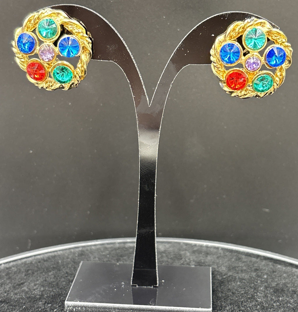 Vintage Mogul Style Pierced Earrings Gold Tone Colourful Glass Rhinestone
