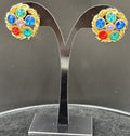 Vintage Mogul Style Pierced Earrings Gold Tone Colourful Glass Rhinestone