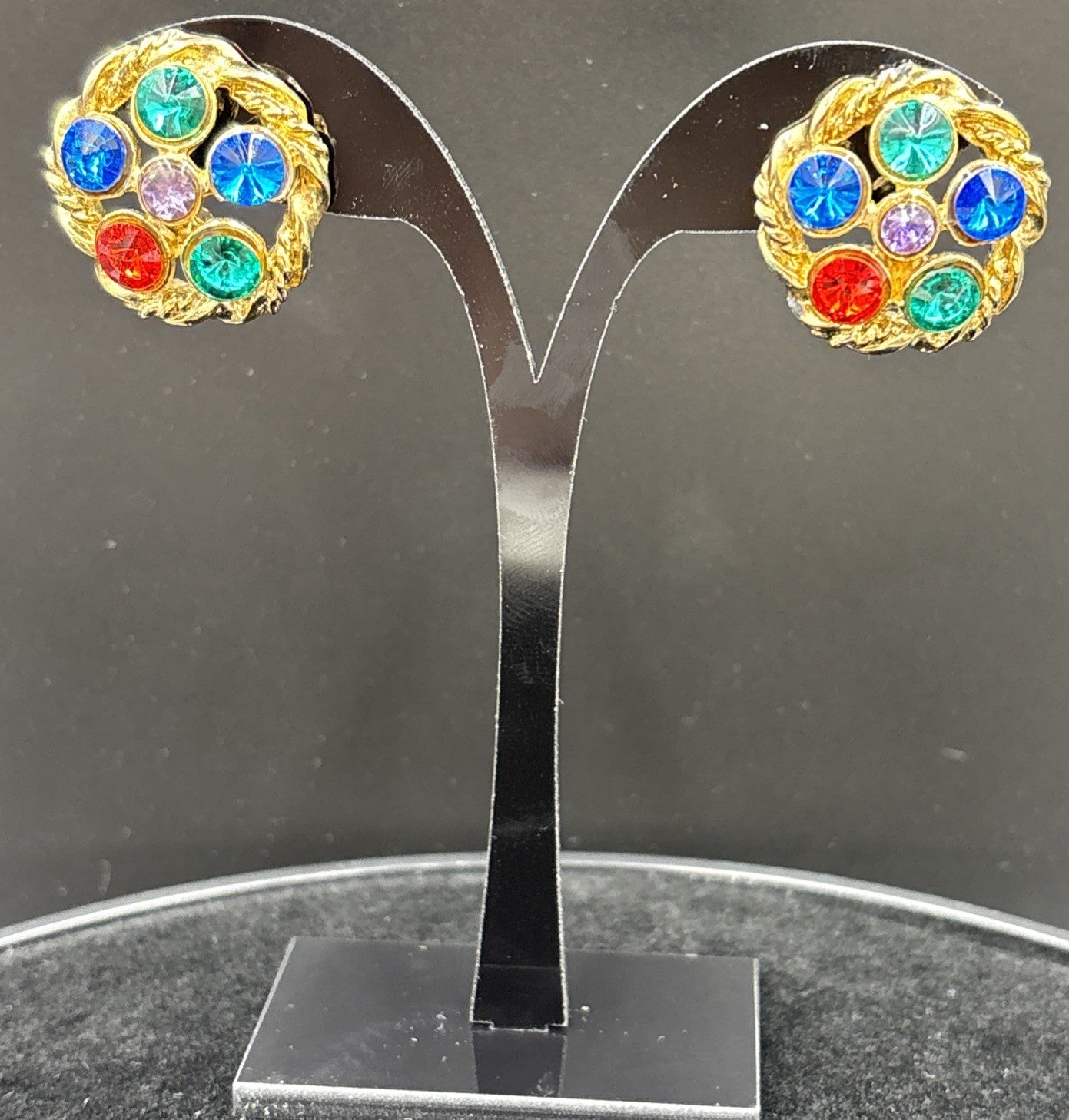 Vintage Mogul Style Pierced Earrings Gold Tone Colourful Glass Rhinestone