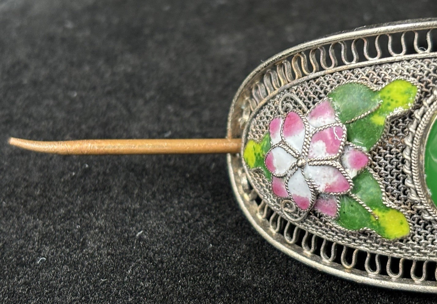 Vintage Chinese Filigree Enamel Hairpin Green Peking Glass Cabochon Beads