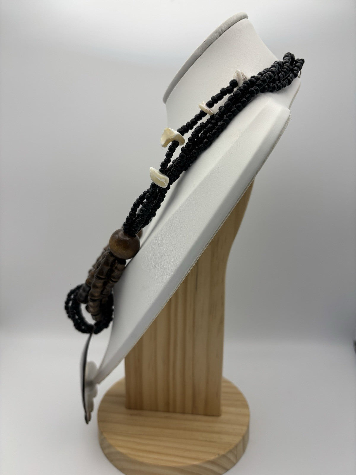 Tribal Shell Pendant Necklace Cowrie Style Beaded Black Brown White Boho Jewelry