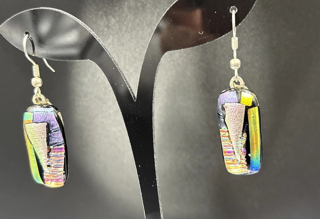 Dichroic Fused Glass Earrings Multicolour Artisan Drop Dangle Statement