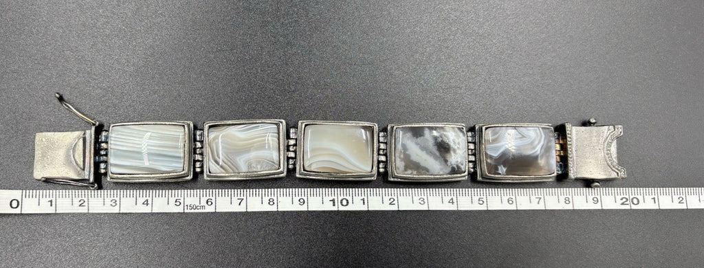 Vintage Agate Panel Bracelet – Mid Century Modernist Silver Tone Jewelry