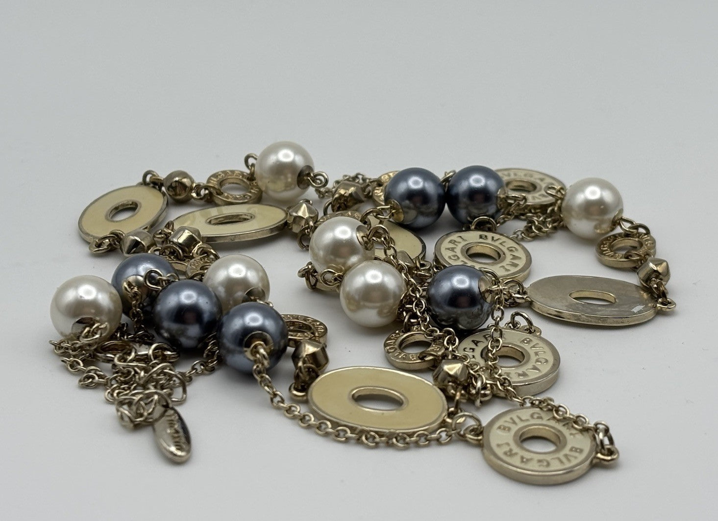 Long Station Necklace 120cm Gold Tone Enamel Disc Pearl Beads Adjustable