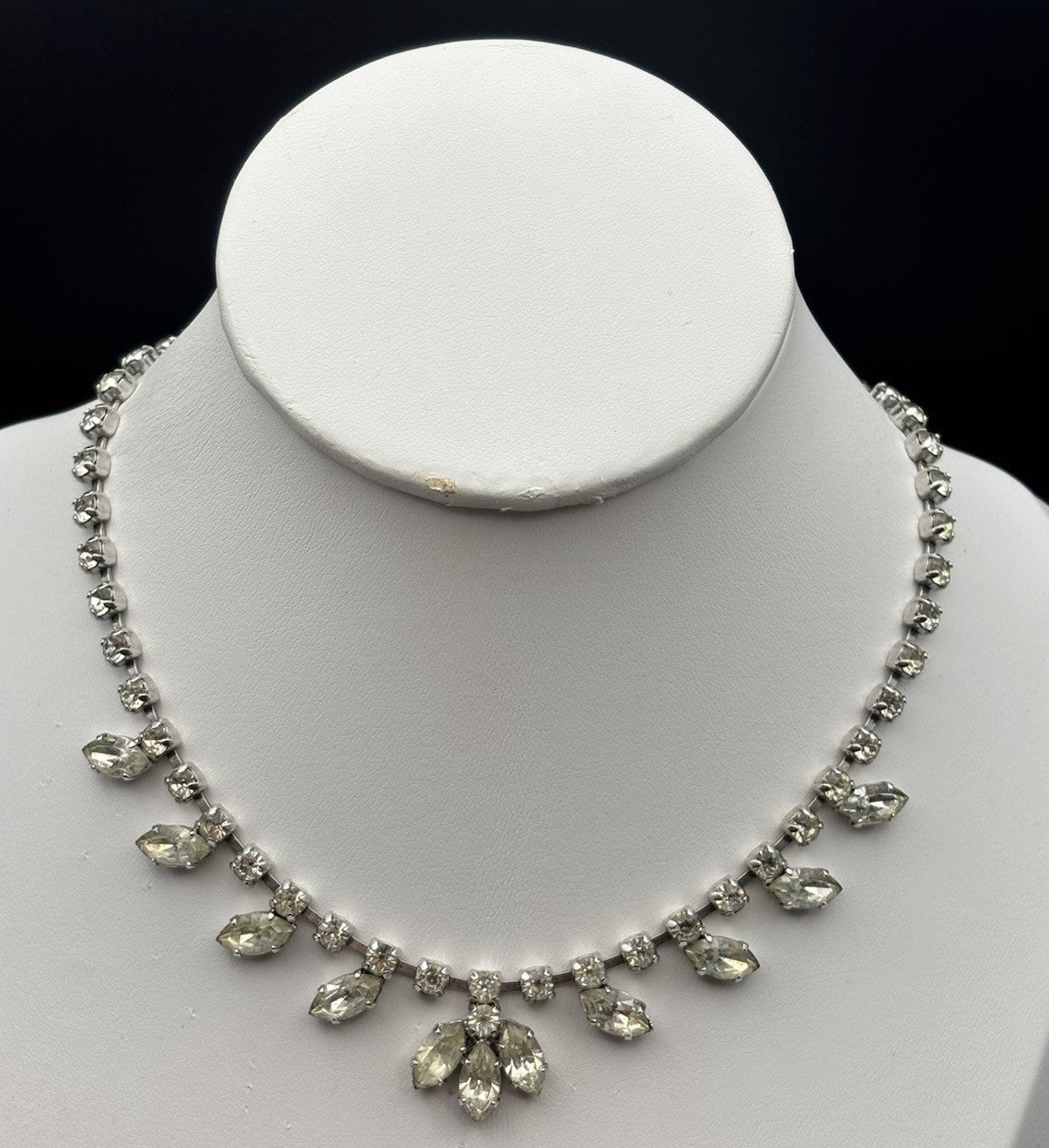 Vintage Rhinestone Necklace Silver Tone Marquise Drop Elegant Mid Century