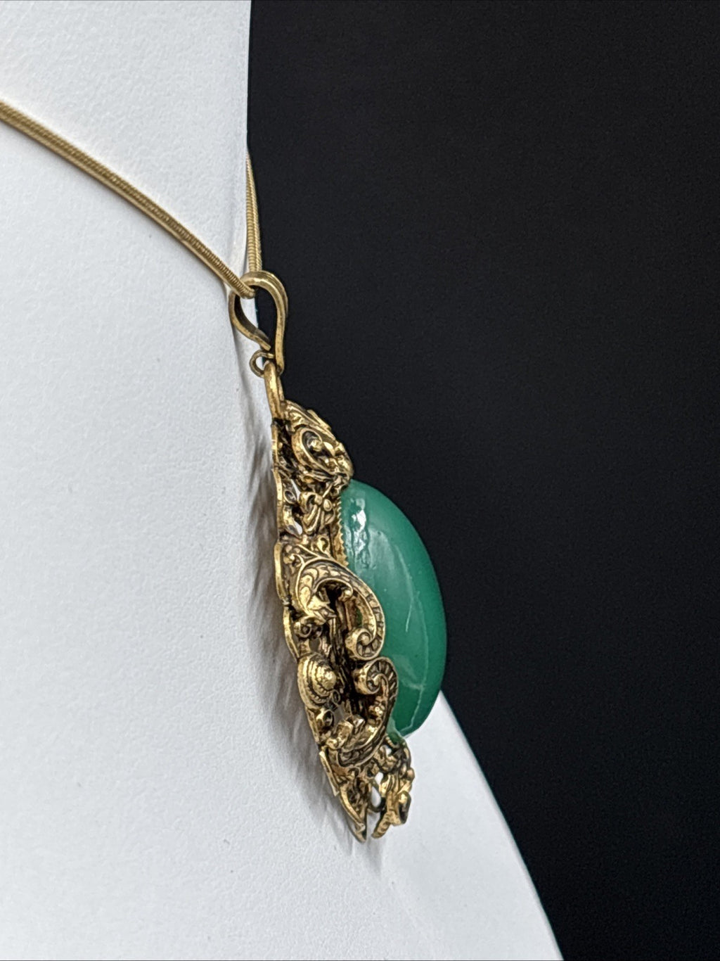 Antique Czech Uranium Glass Pendant Art Nouveau Brass Filigree Gold Filled