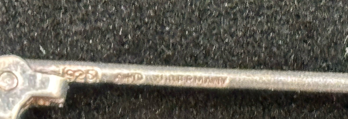 German Antique 925 Silver Bar Brooch AD Signed Blue Sapphire