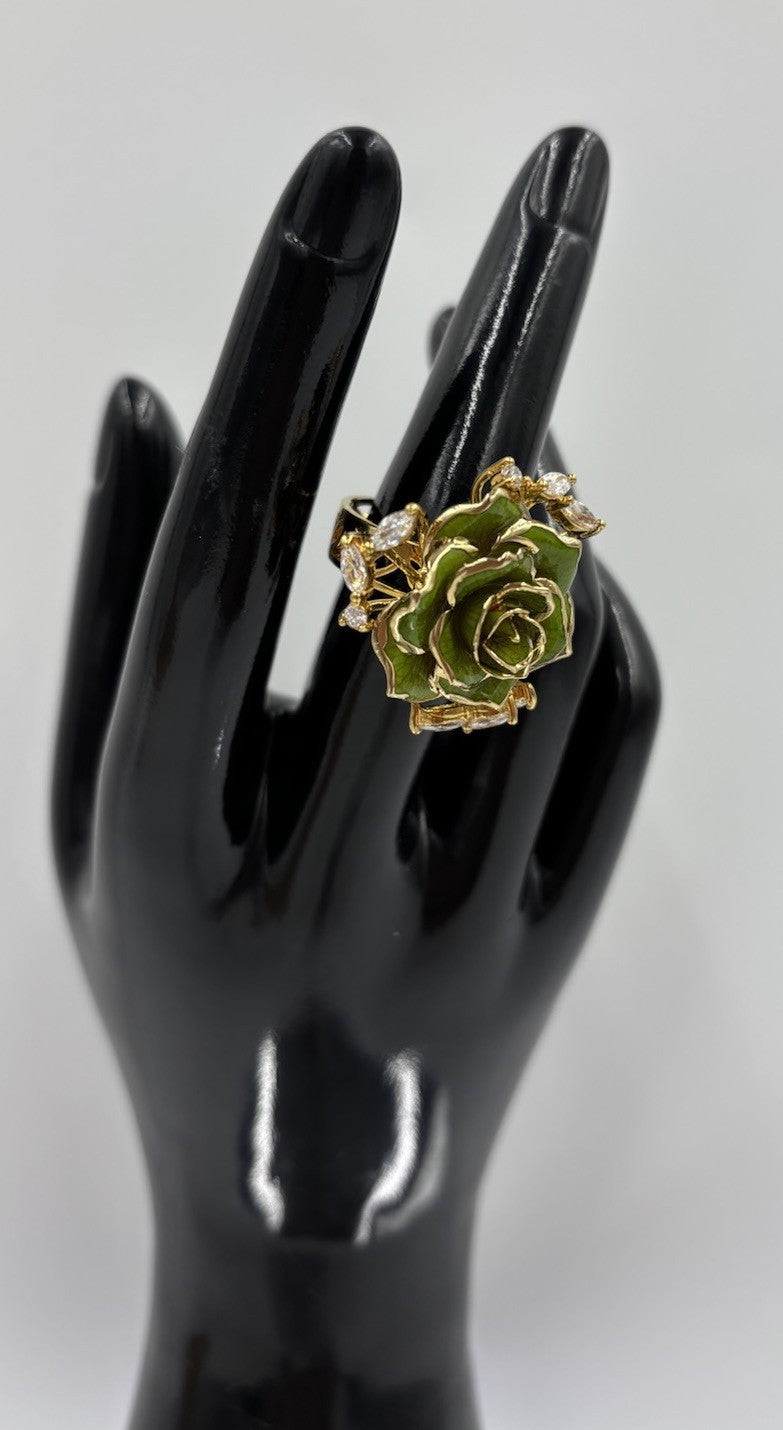 Green Enamel Rose Cocktail Ring Gold Tone Marquise Rhinestone Statement Jewelry