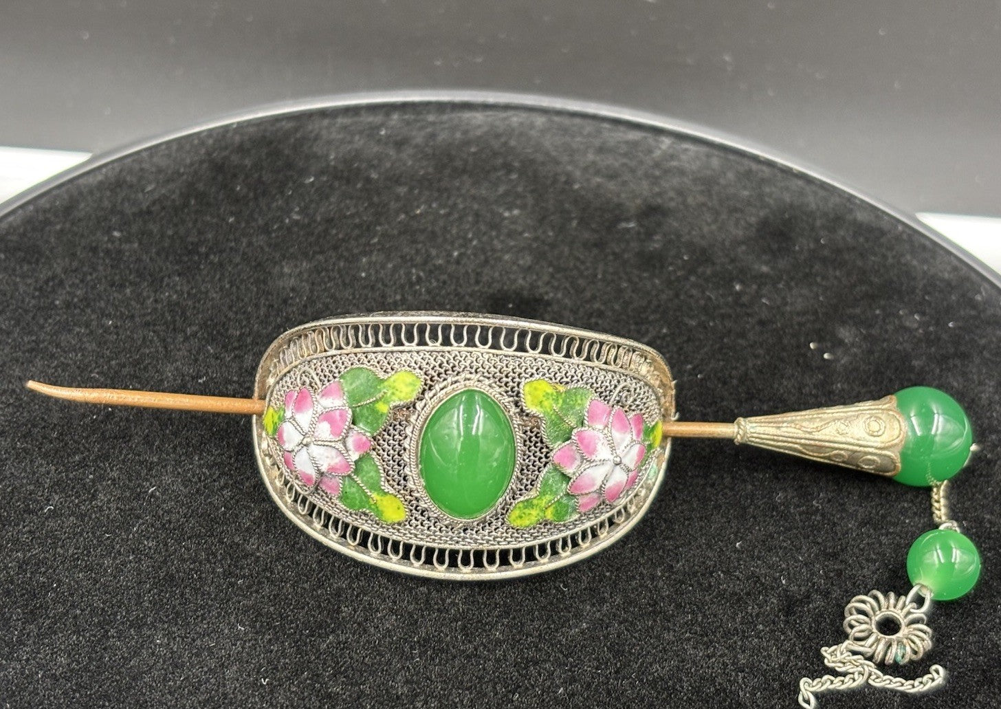 Vintage Chinese Filigree Enamel Hairpin Green Peking Glass Cabochon Beads