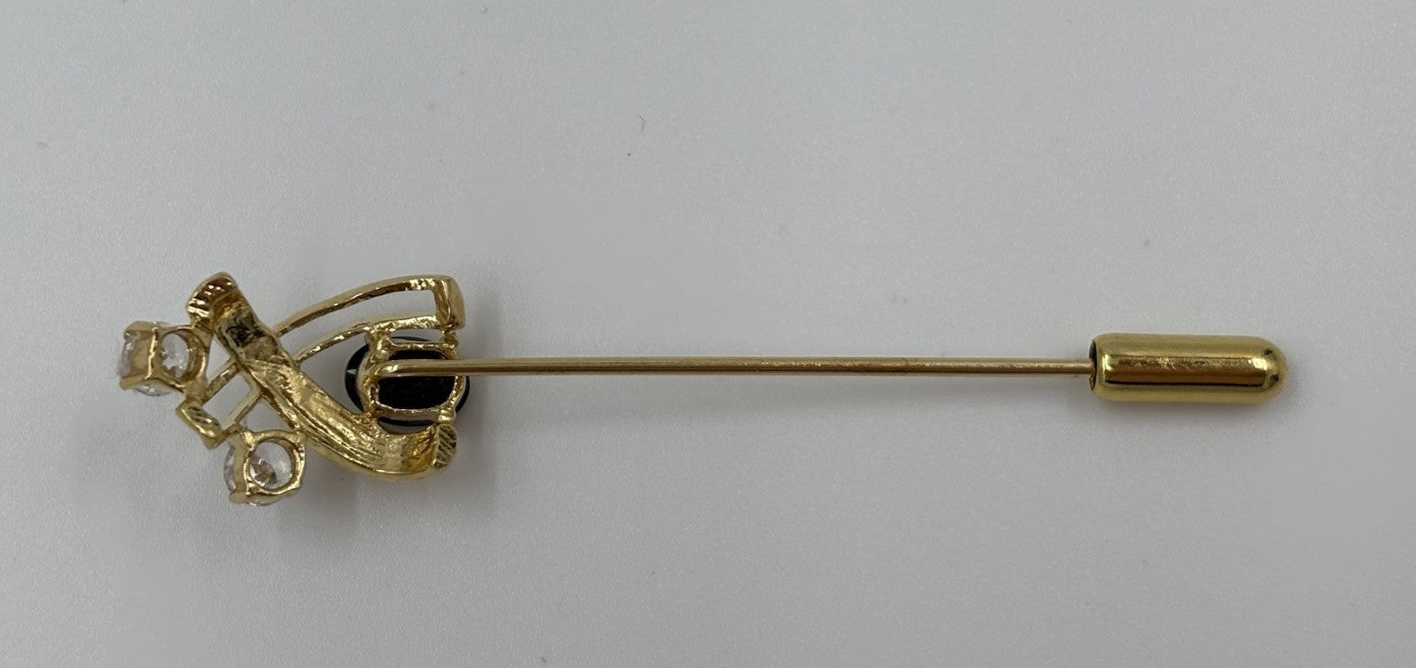 Vintage Gold Tone Stick Pin with Onyx & Clear Rhinestone Lapel Brooch
