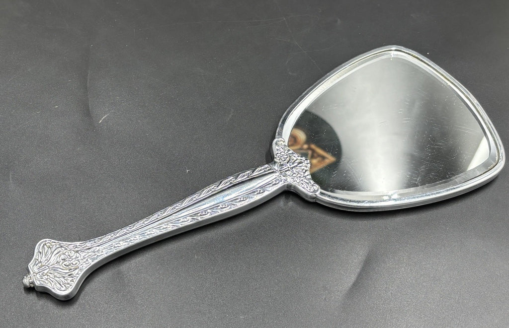 Vintage Vanity Brush & Hand Mirror Set Floral Silver Tone Mid Century