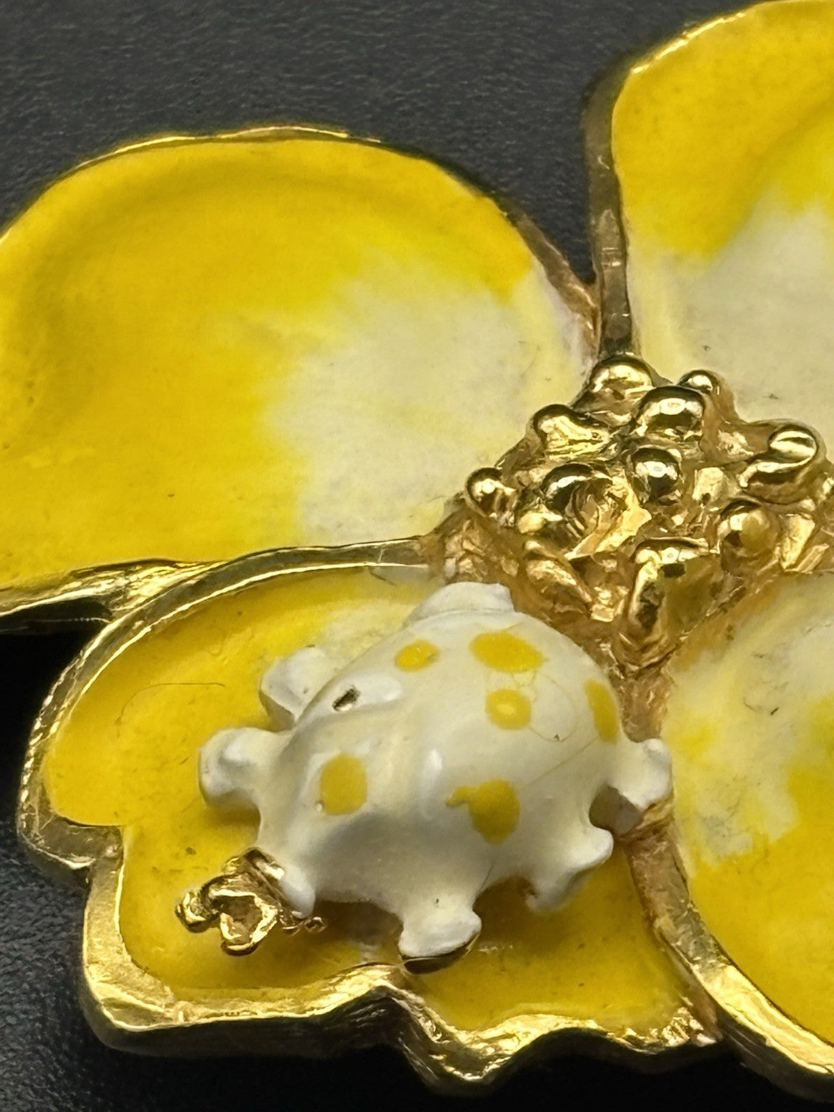 Kenneth Jay Lane KJL Rare Ladybug Pansy Brooch 22K Gold Enamel Signed