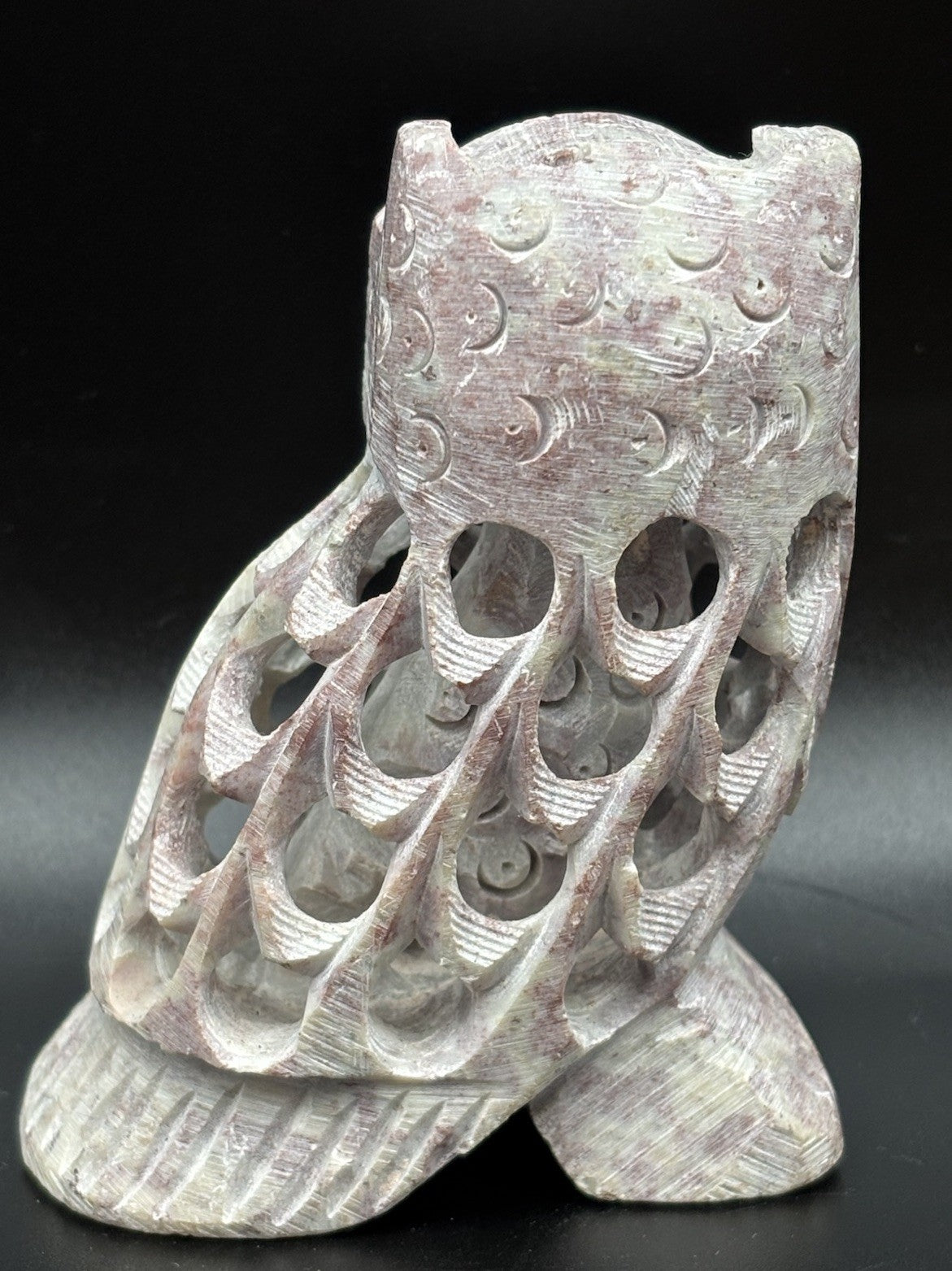 Vintage Chinese Soapstone Carved Owl Figure Pierced Sculpture Feng Shui