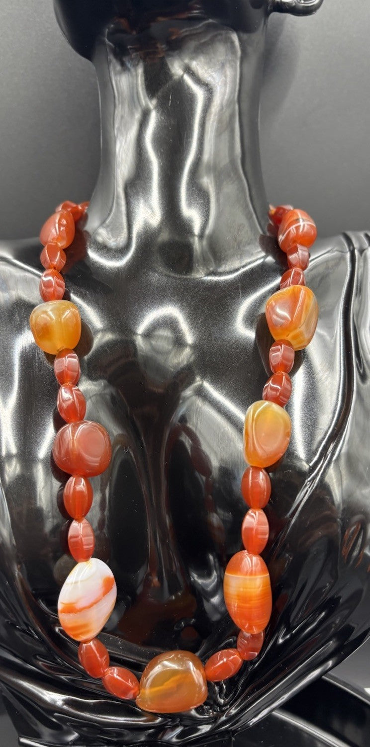 Vintage Banded Carnelian Bead Necklace Warm Tones Polished Statement