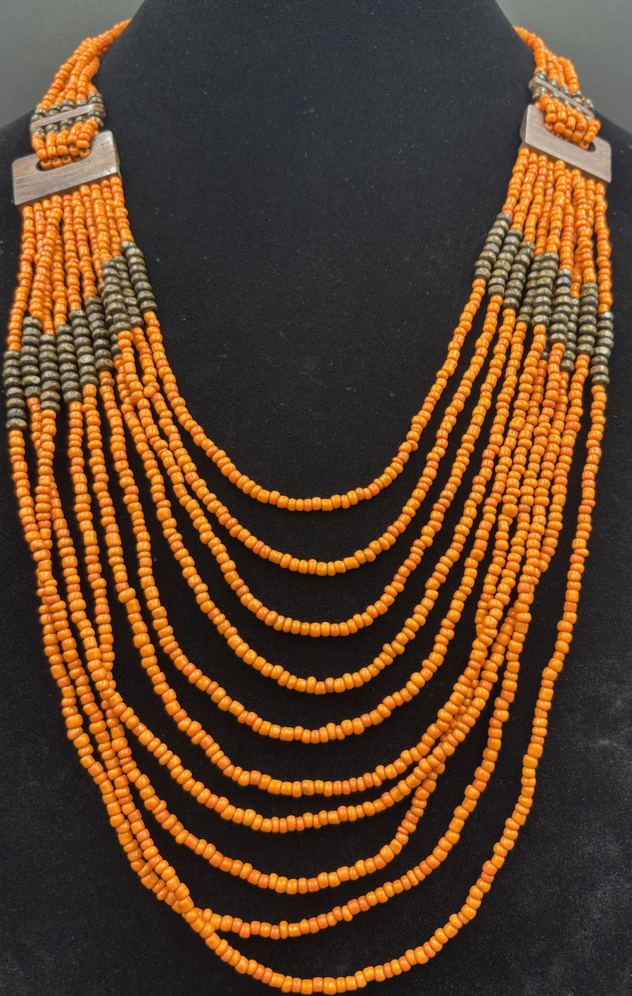 Vintage Tribal Orange Beaded Multi-Strand Necklace Wood Clasp Boho Ethnic