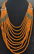Vintage Tribal Orange Beaded Multi-Strand Necklace Wood Clasp Boho Ethnic