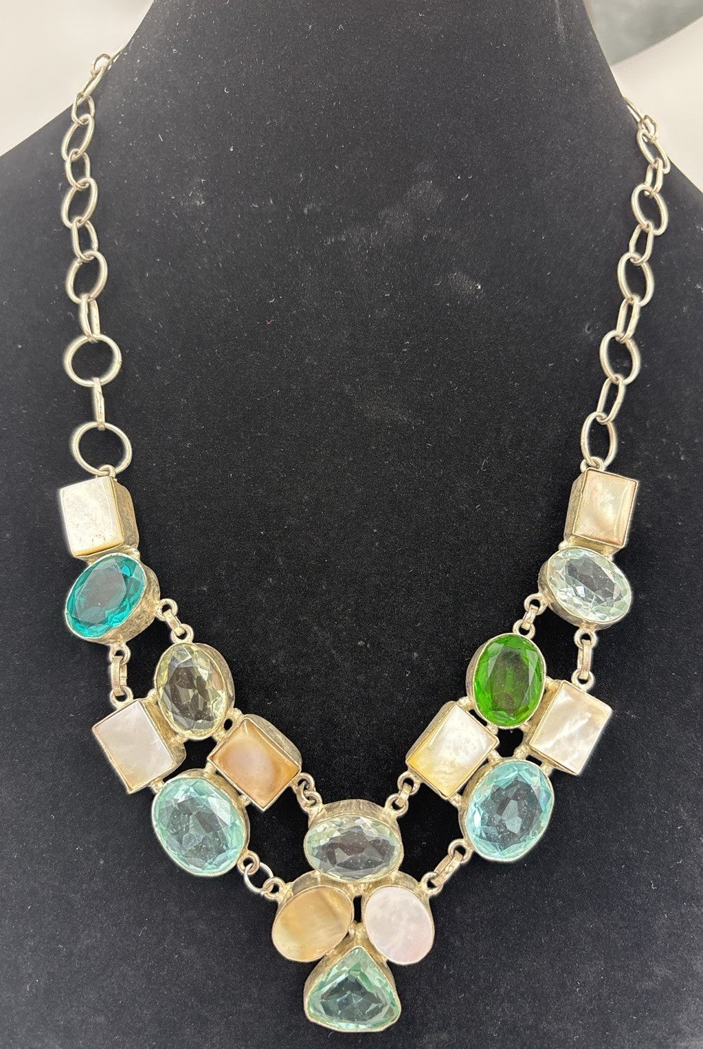 Artisan Multi Stone Bib Necklace Aqua Teal Green Glass Mother of Pearl Handmade