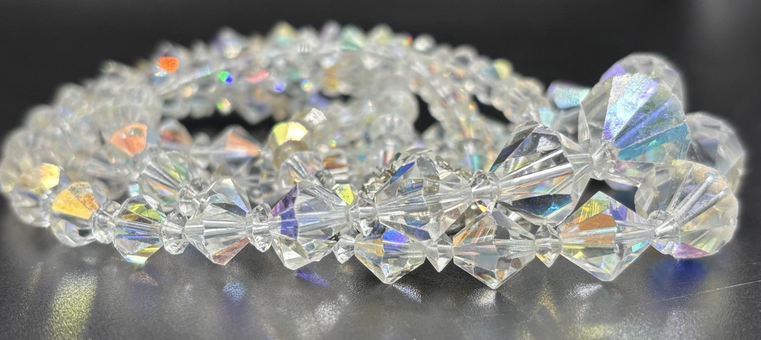 Vtg Double Strand Sparkling Aurora Borealis AB Glass Crystal Necklace & Earrings