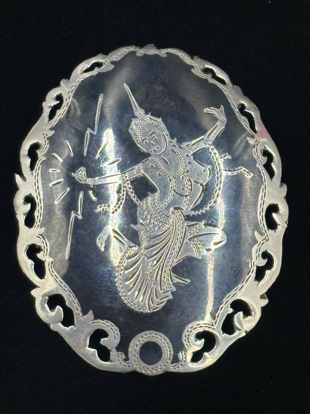 Vintage Siam Sterling Silver Niello Dancer Brooch 1920s Thai Mythological 4.5cm