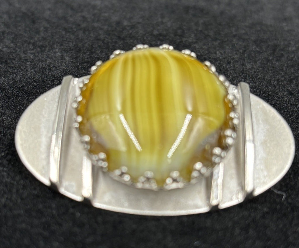 Vintage Modernist Brooch – Faux Agate Glass Cabochon, Silver Tone Oval Pin