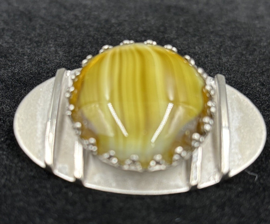 Vintage Modernist Brooch – Faux Agate Glass Cabochon, Silver Tone Oval Pin