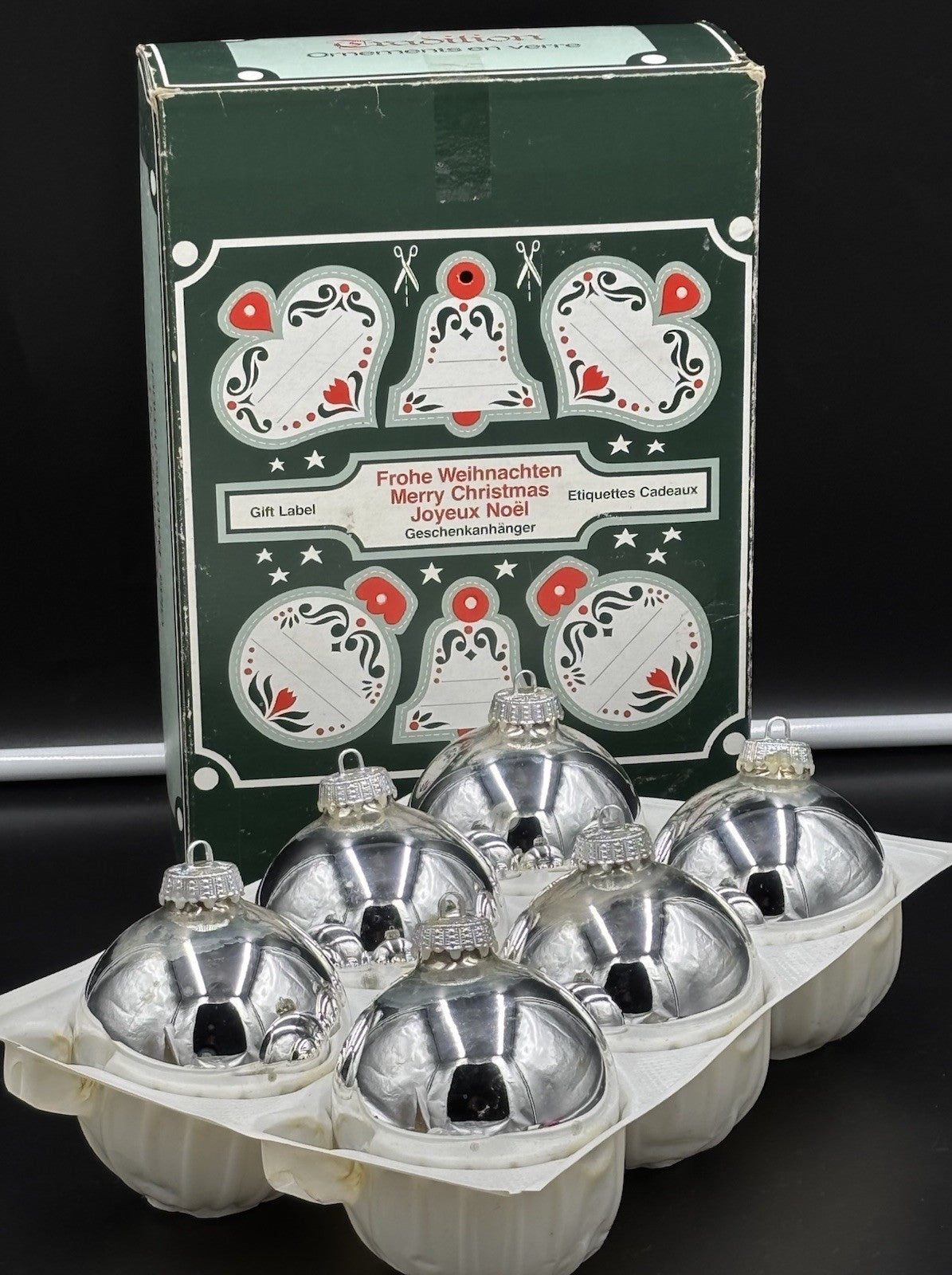Vintage Tradition Genuine Silver Glass Christmas Baubles Set of 6 West Germany