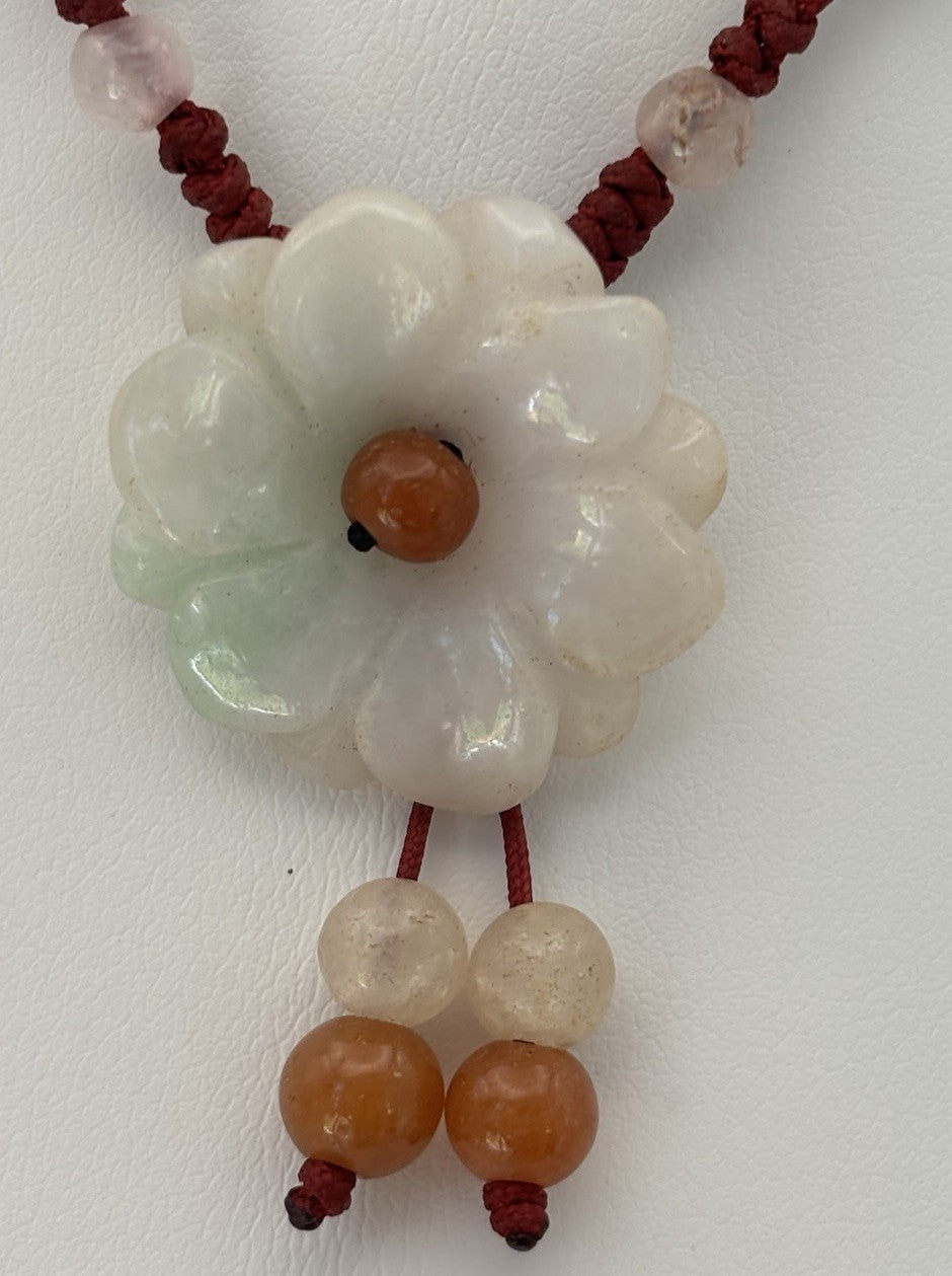 Genuine Jadeite Carved Flower Pendant Necklace Red Cord Beads