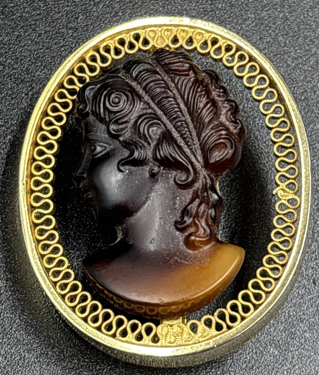 Vintage Cameo Pin Amber Brown Glass Brooch Mid Century Style Gold Tone