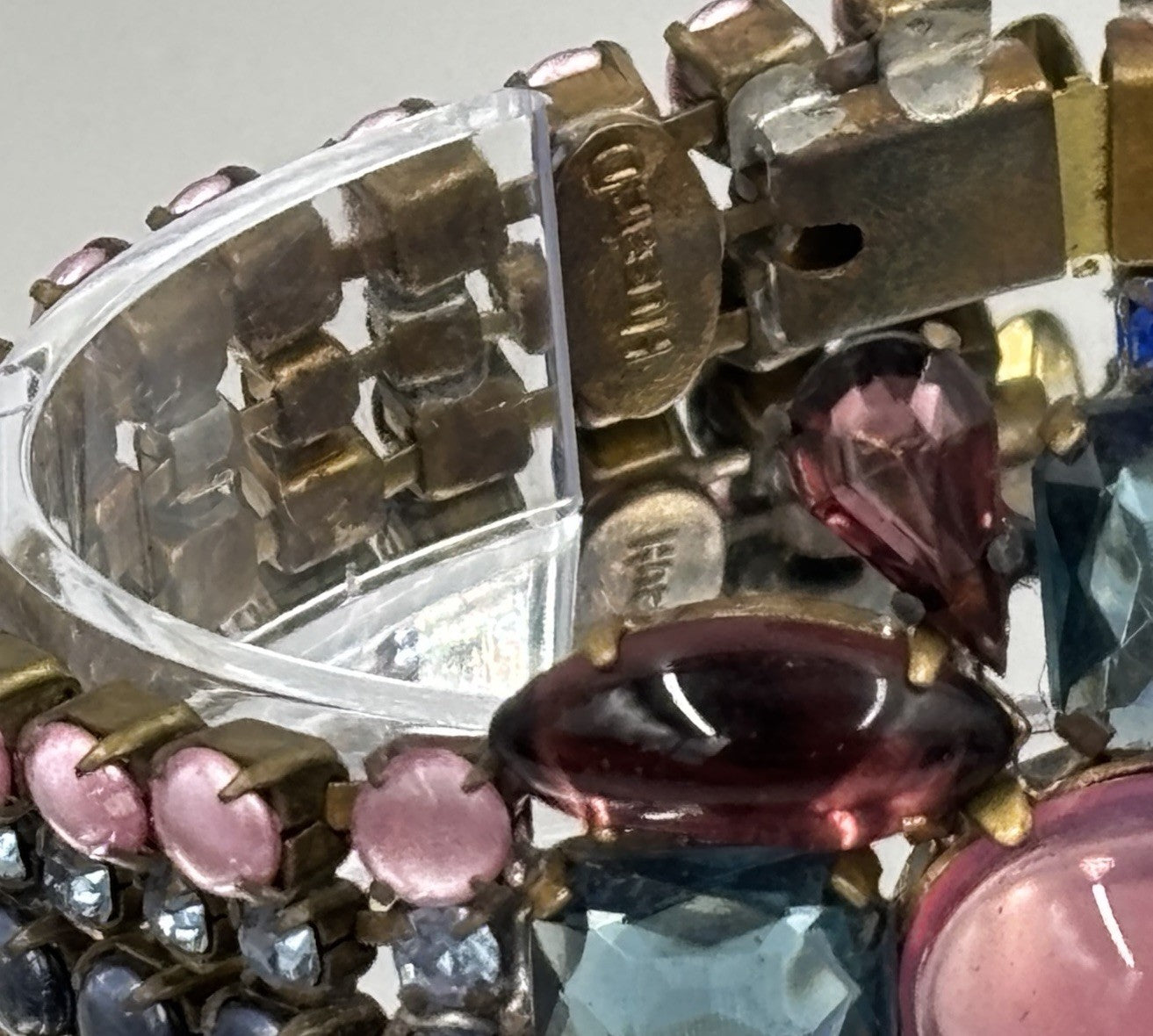 Husár D Pink Cabochon Aqua Garnet Rhinestone Bracelet Signed Czech Glass Rare
