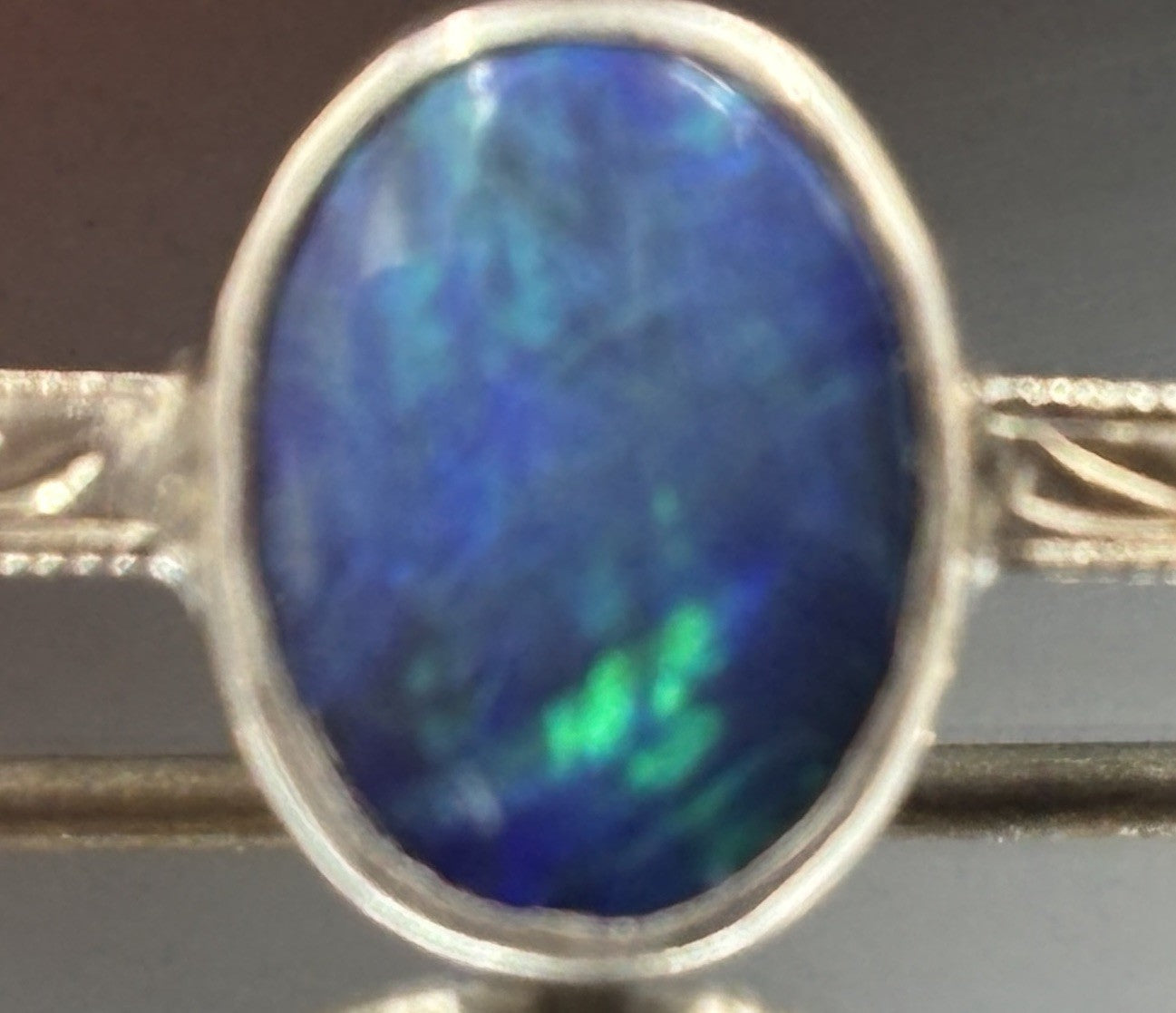 Vintage Sterling Silver Opal Bar Brooch Blue Green Fire Cabochon Mid Century Pin