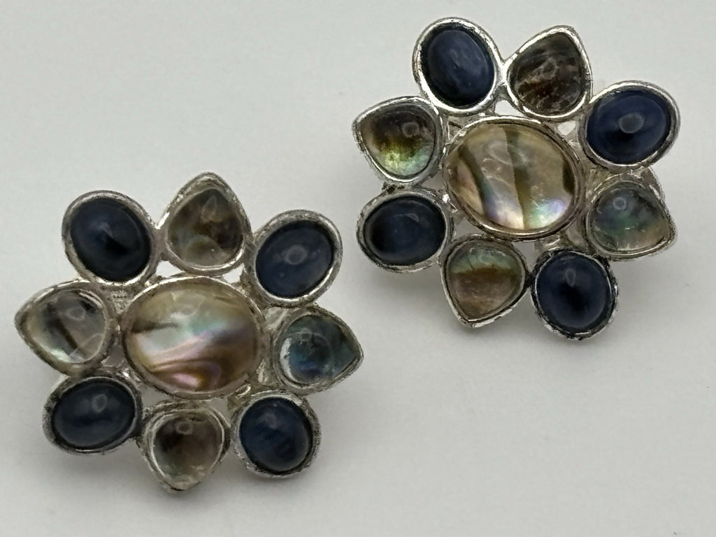 Vintage Monet Floral Clip On Earrings Silver Tone Abalone Blue Glass Signed