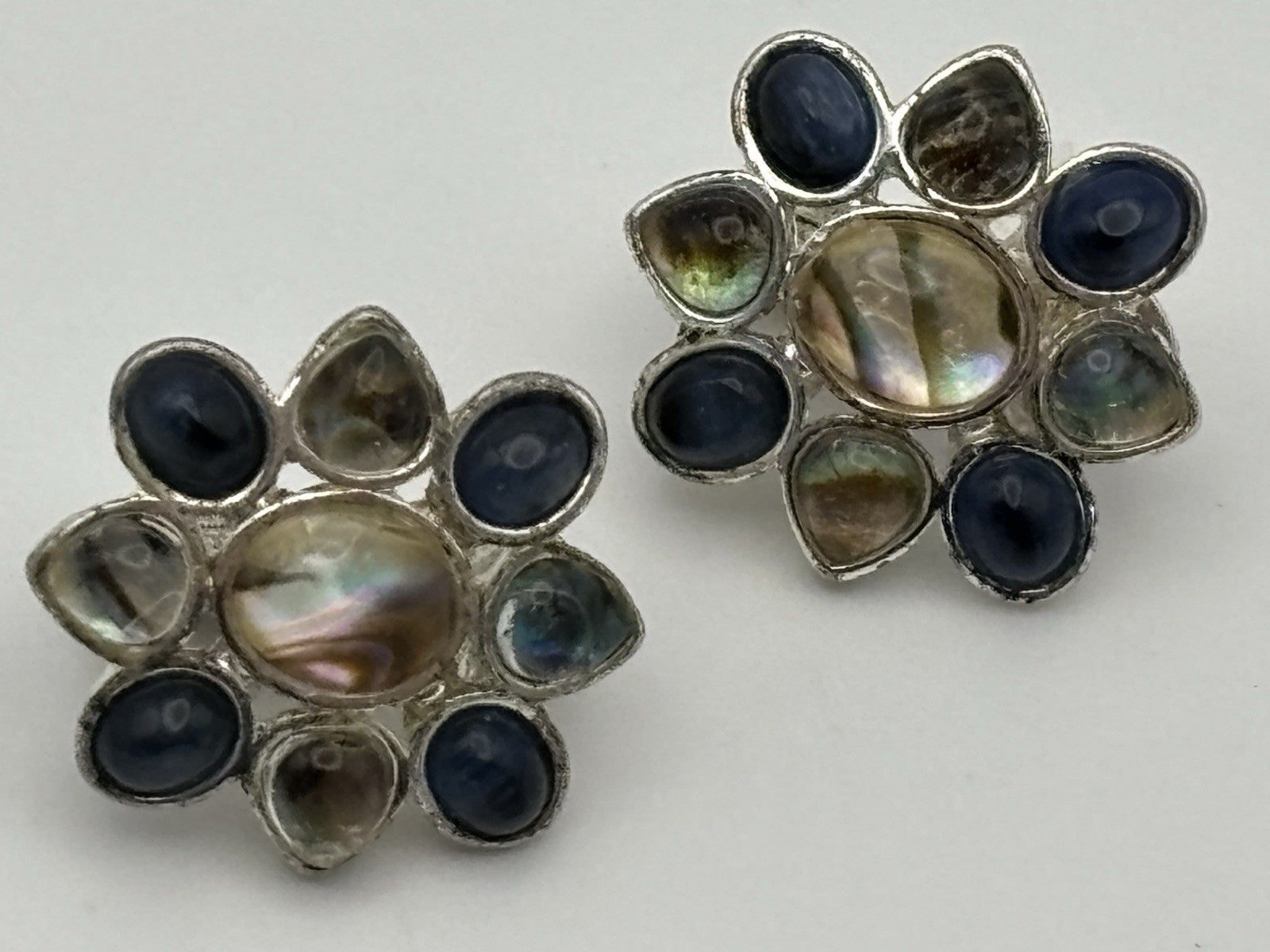 Vintage Monet Floral Clip On Earrings Silver Tone Abalone Blue Glass Signed
