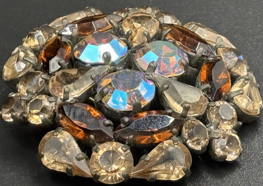 Vintage 1950s AB Rhinestone Brooch Smoky Topaz Brown Glass Pin