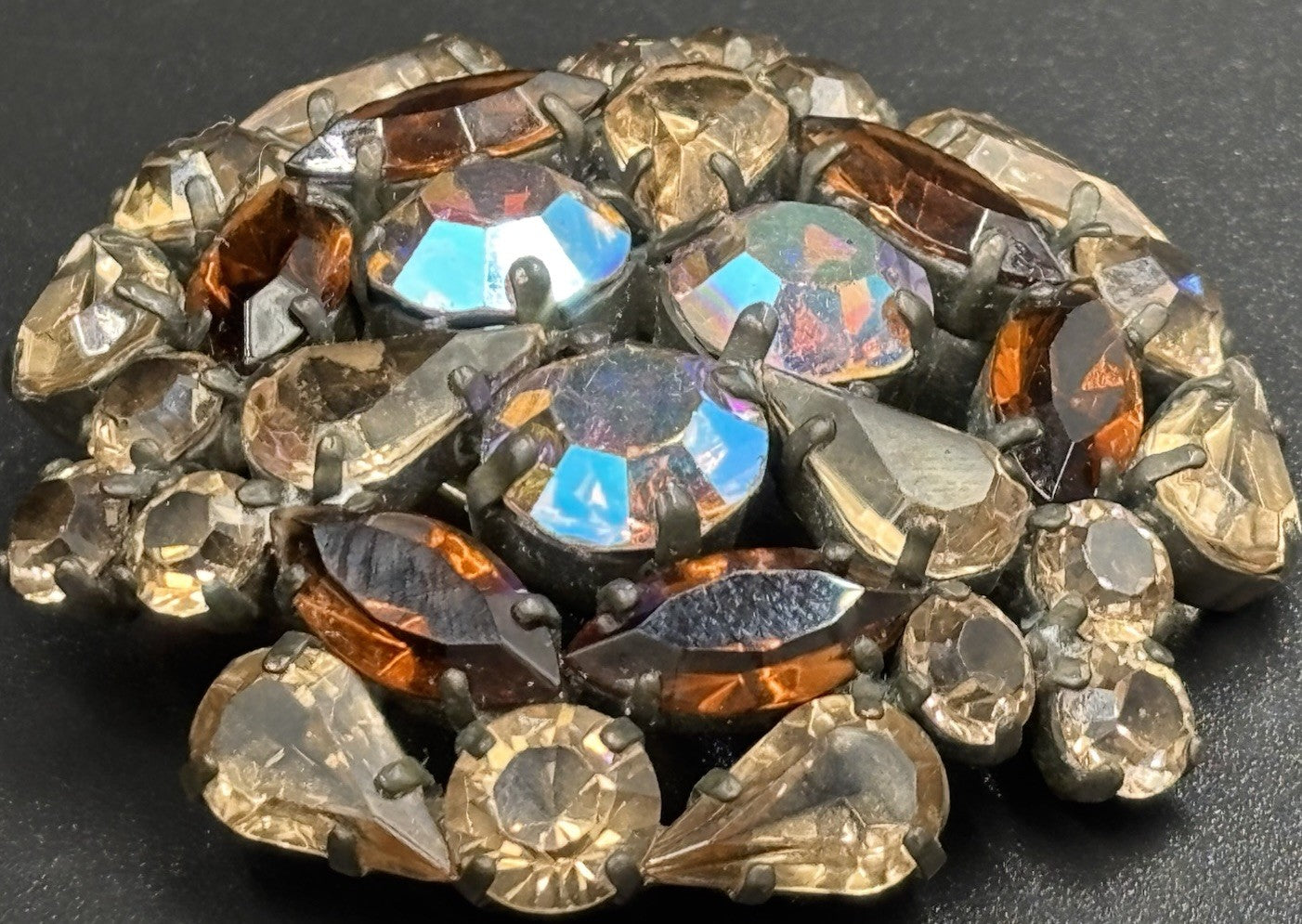 Vintage 1950s AB Rhinestone Brooch Smoky Topaz Brown Glass Pin