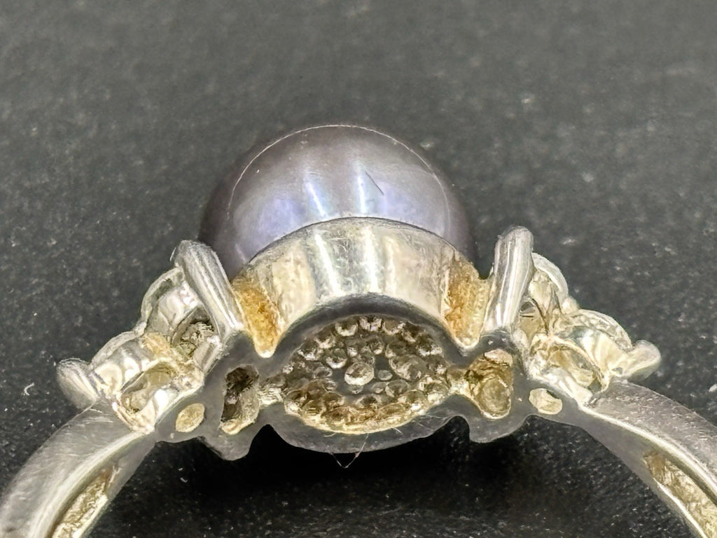 Sterling Silver Purple Grey Cultured Pearl Ring CZ Accent Stones Size 7