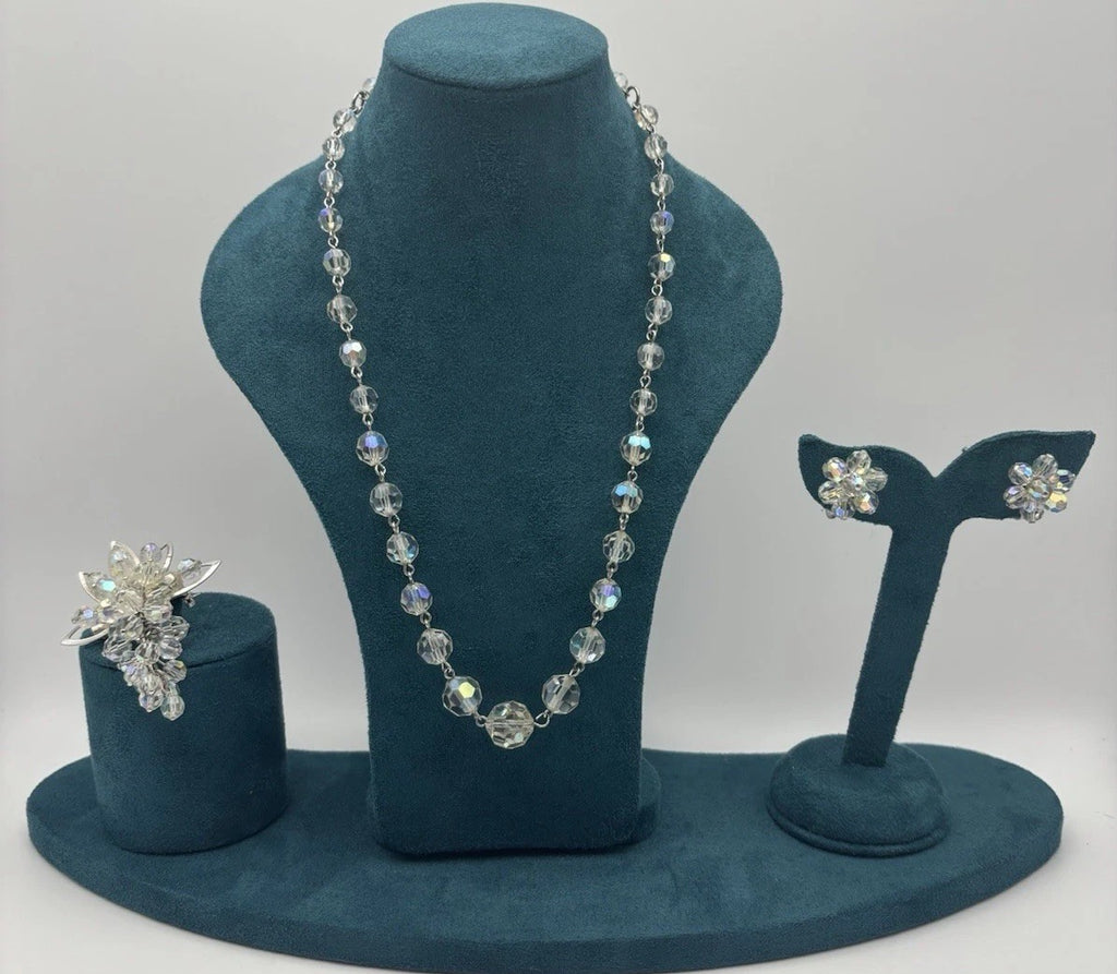 Vintage Aurora Borealis Crystal Parure Necklace Earrings Brooch Set 1950s